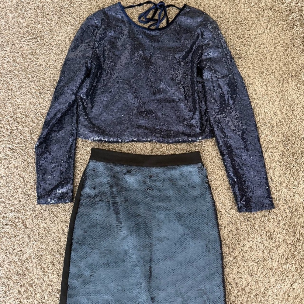 Women's Navy Blue Sequin Long Sleeve Tee